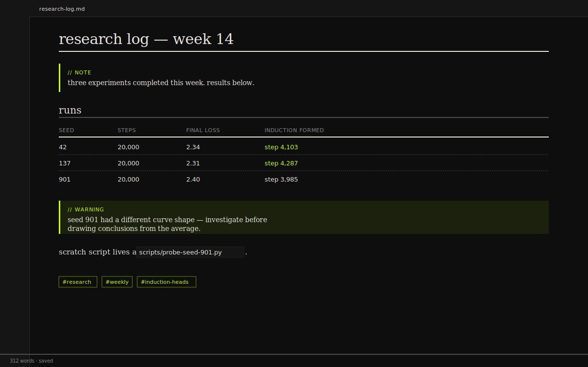 a note with callouts, tables, code, and tags